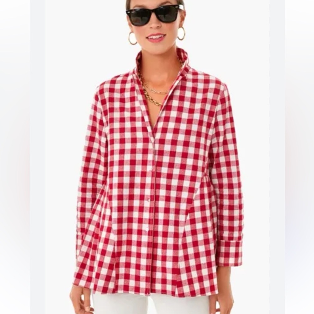 Pomander Place Tuckernuck Red & White Gingham Button Down Shirt Ruffle Preppy